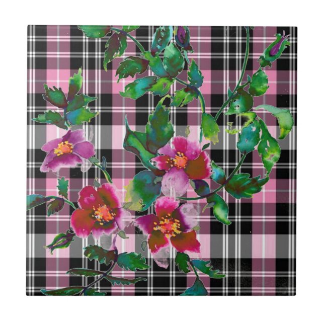 Elegant pink wildflowers pink black plaid ceramic tile (Front)