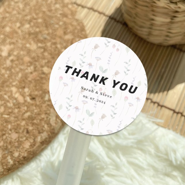 Elegant Pink wildflowers wedding thank you wedding Classic Round Sticker (Creator Uploaded)