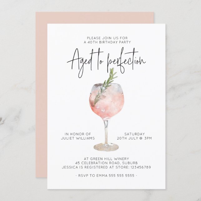 Elegant Pink Wine Aged to Perfection 40th Birthday Invitation (Front/Back)