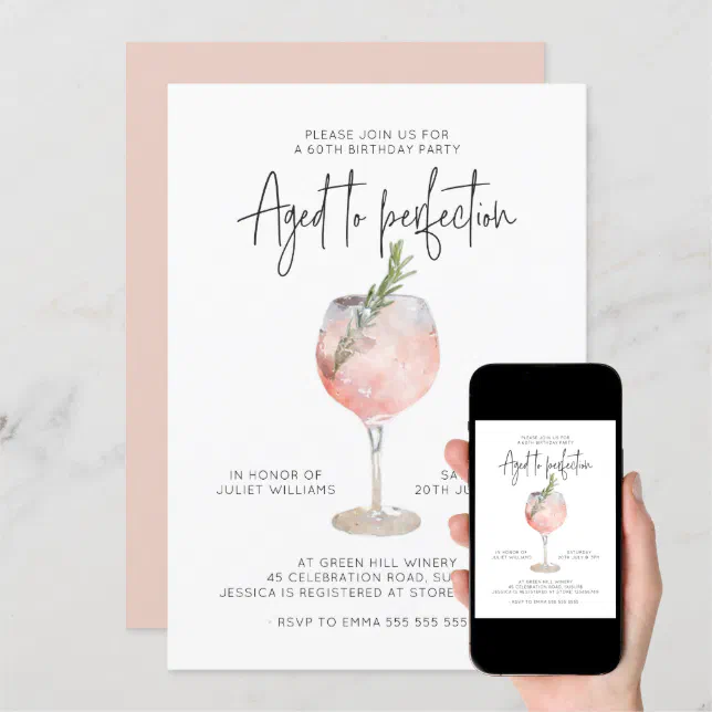 Elegant Pink Wine Aged to Perfection 60th Birthday Invitation | Zazzle