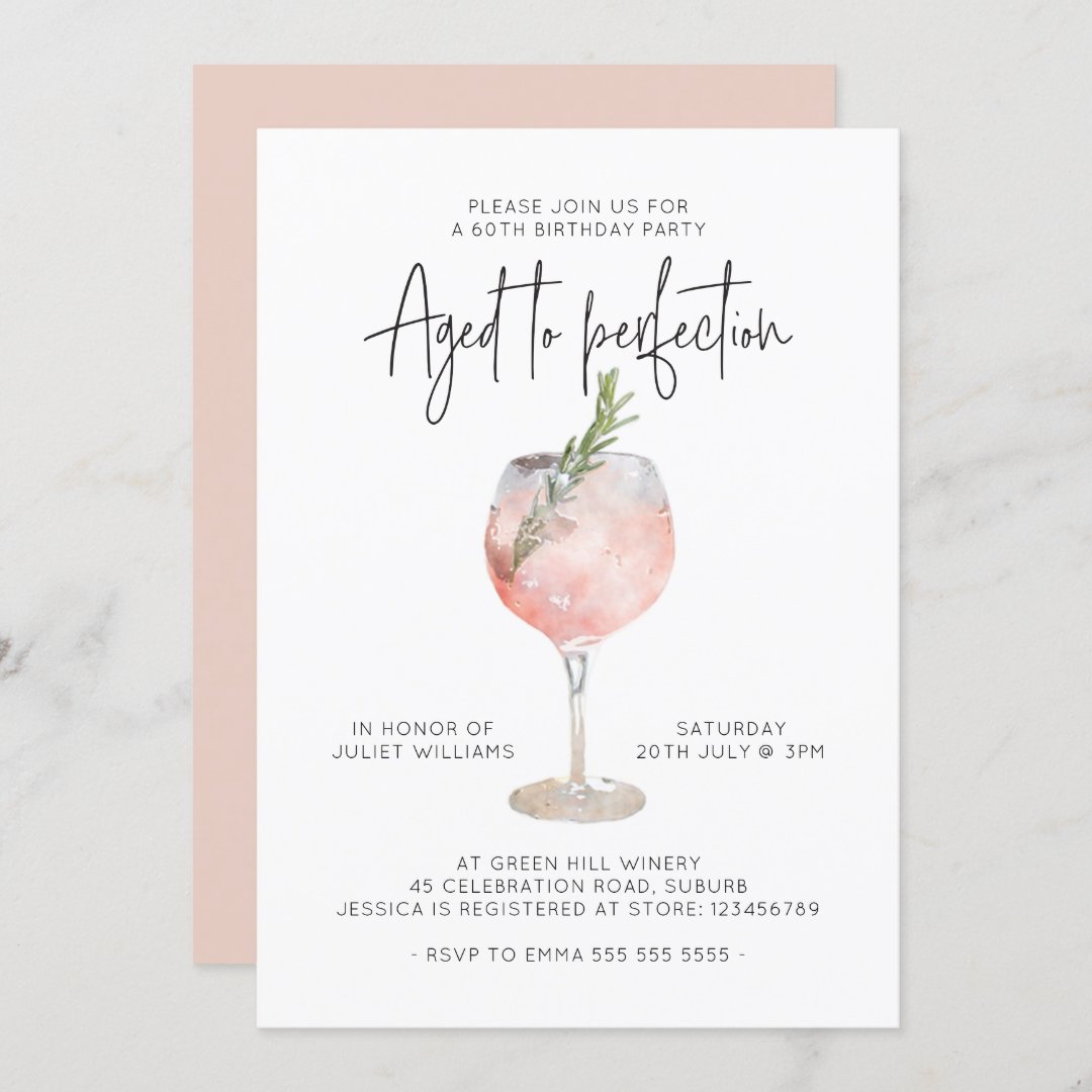 Elegant Pink Wine Aged To Perfection 60th Birthday Invitation 