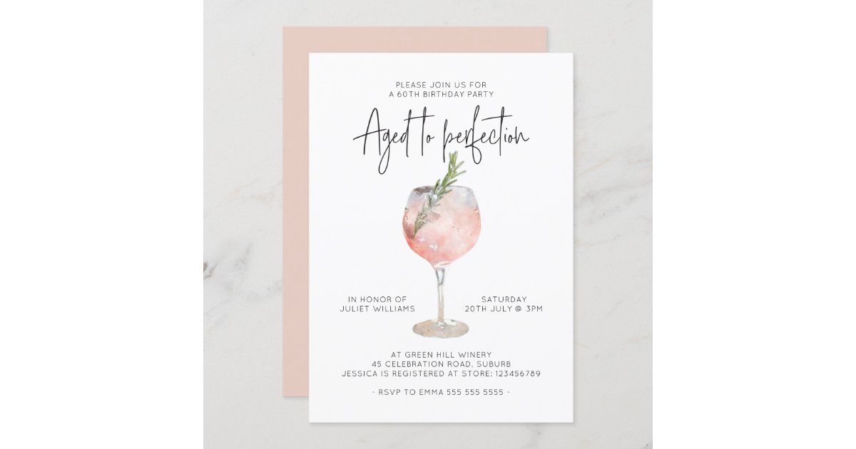 Elegant Pink Wine Aged to Perfection 60th Birthday Invitation