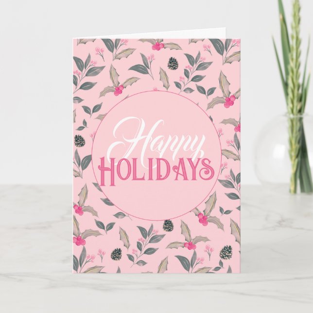 Elegant Pink Winter floral Watercolor Christmas Card (Front)