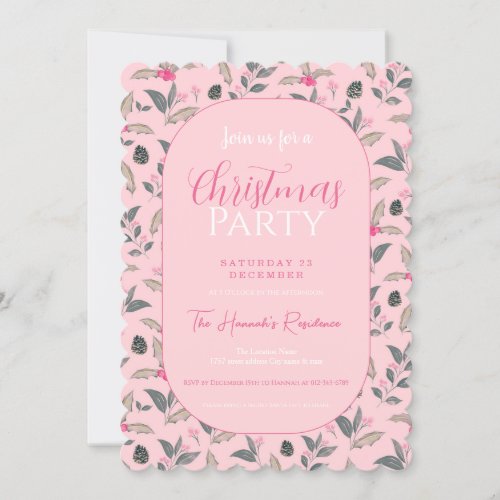 Elegant Pink Winter floral Watercolor Christmas Invitation