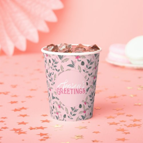 Elegant Pink Winter floral Watercolor Christmas Paper Cups