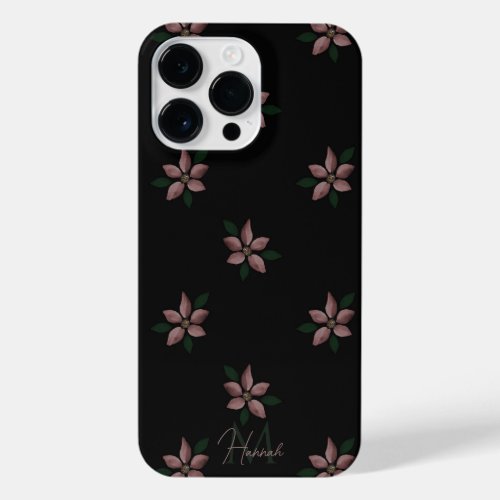 Elegant Pink Winter Flower Black Pattern iPhone 14 Pro Max Case