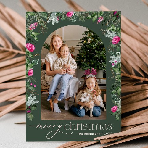 Elegant Pink Winter Greenery Arch Christmas Photo Holiday Card