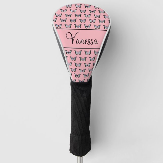 Elegant Pink with Black Script & Butterfly Pattern Golf Head Cover (Front)