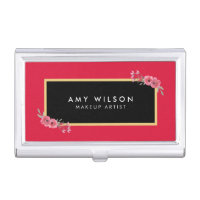 Elegant Pink with Chic Pink Watercolor Floral Business Card Holder