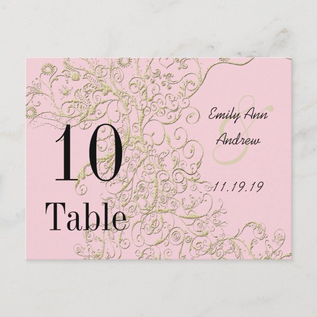 Elegant Pink with Gold Swirls Table Numbers (Front)