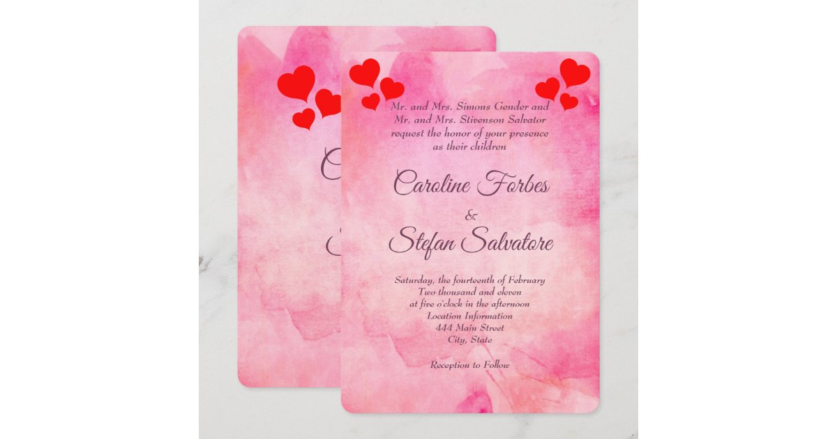 Pink Invitations Heart Elegant Pink With Red Hearts Valentine's Wedding Invitation | Zazzle