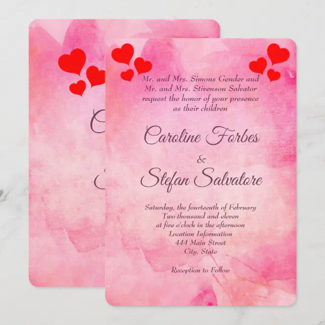 Pink Invitations Heart Elegant Pink With Red Hearts Valentine's Wedding Invitation | Zazzle