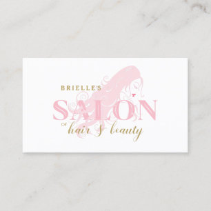 Elegant Pink Woman Long Flowing Curls Hair Salon Business Card