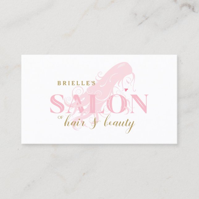 Elegant Pink Woman Long Flowing Curls Hair Salon Business Card (Front)
