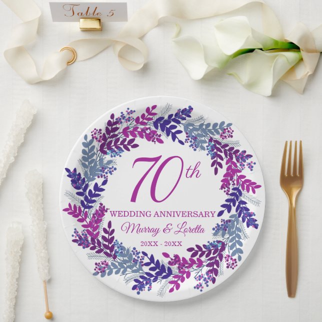 Elegant Pink Wreath 70th Anniversary Party Paper Plates (Wedding)