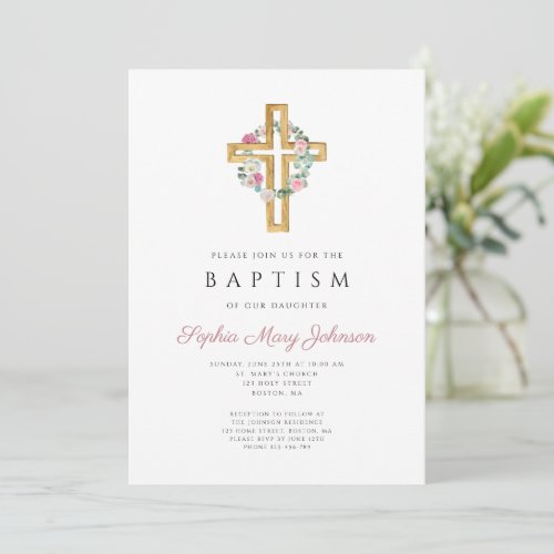 Elegant Pink Wreath Cross Floral Baptism Invitation