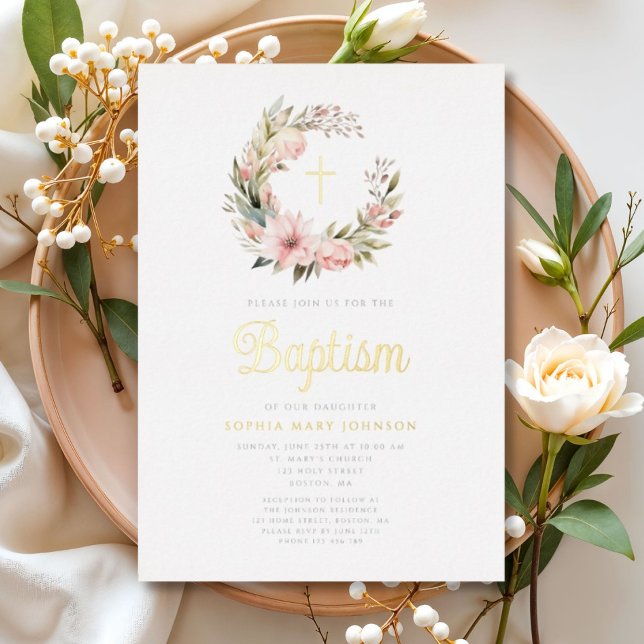 Elegant Pink Wreath Girl Baptism Gold Foil Invitation (Elegant Pink Wreath Girl Baptism Gold Foil Invitation)