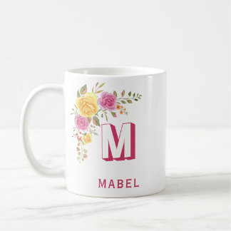 Elegant Pink Yellow Custom Name Floral Monogram Coffee Mug