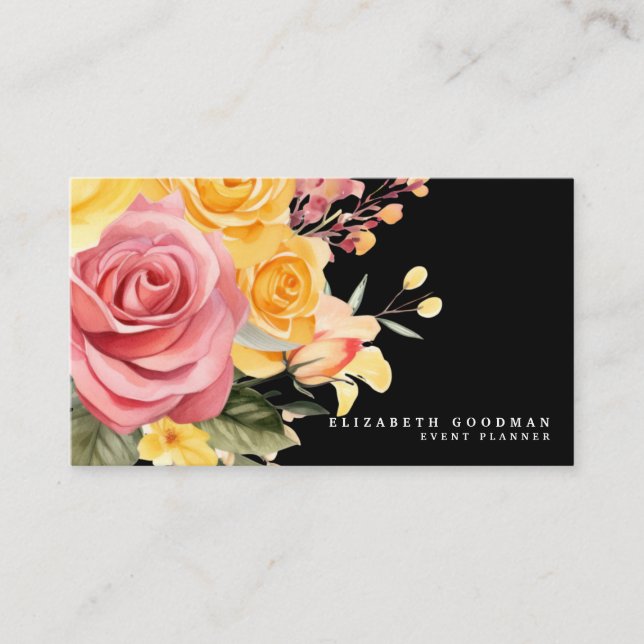 Elegant Pink Yellow Floral Black Business Cards (Front)