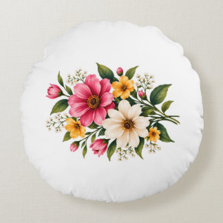 Elegant Pink & Yellow Floral Bouquet Botanical 💐  Round Pillow
