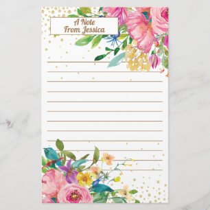 Elegant Pink Yellow Floral Gold Glitter Lined Stationery