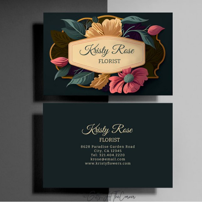 Elegant Pink Yellow Flower Green Gold Business Card (Creator Uploaded)