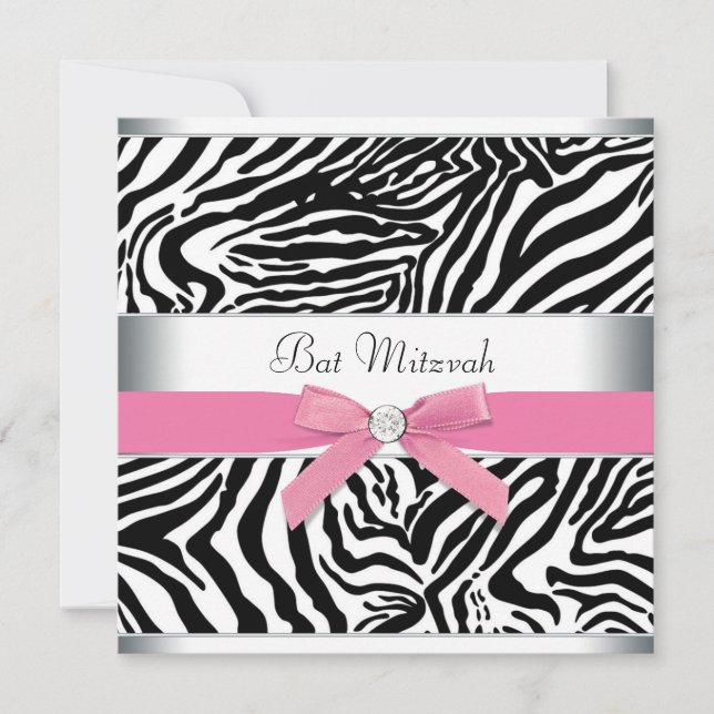 Elegant Pink Zebra Bat Mitzvah Invitation (Front)