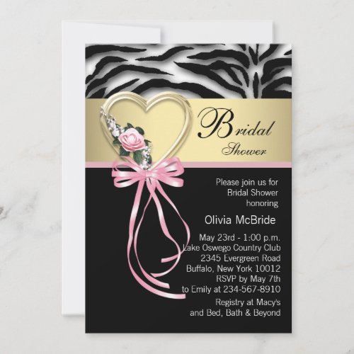 Pink Zebra Black Gold Zebra Bridal Shower Custom Invitations