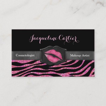 Elegant Pink Zebra Glitter Kiss Cosmetologist Business Card by uniqueprints at Zazzle