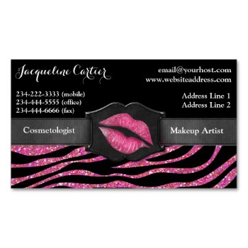Elegant Pink Zebra Glitter Kiss Cosmetologist Magnetic Business Card by uniqueprints at Zazzle