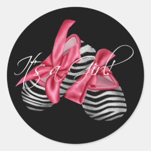 Elegant Pink Zebra Its a Girl Classic Round Sticker