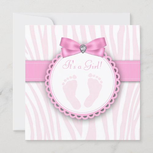 Elegant Pink Zebra Pink Footprint Baby Shower Invitation