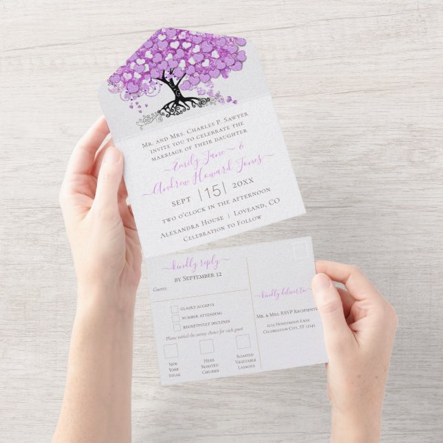 Elegant Pinkish Purple Heart Leaf Tree Wedding All In One Invitation (Tearaway)