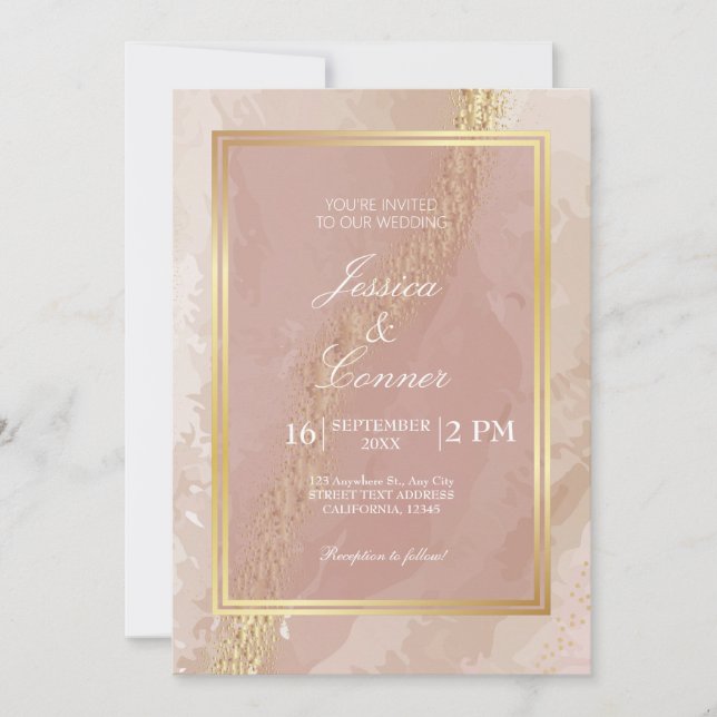 Elegant pinkk wedding gold Marble Invitation (Front)