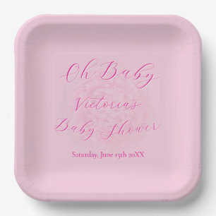 Elegant Pinks Oh Baby Script Peony Baby Shower Paper Plates