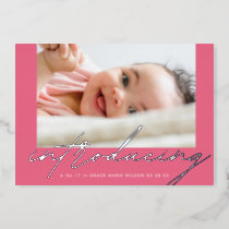 Elegant Pinks Silver Introducing Photo Baby Foil Invitation