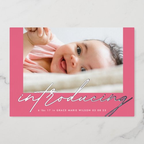 Elegant Pinks Silver Introducing Photo Baby Foil Invitation
