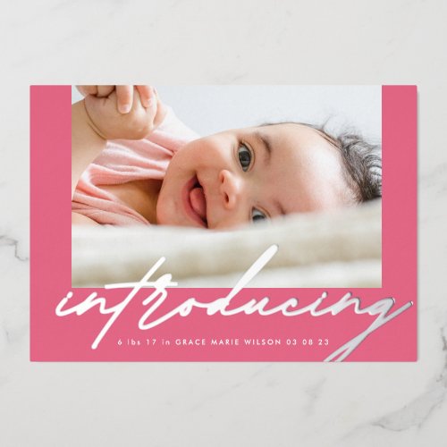 Elegant Pinks Silver Introducing Photo Baby Foil Invitation