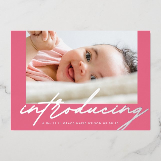 Elegant Pinks Silver Introducing Photo Baby Foil Invitation (Front)
