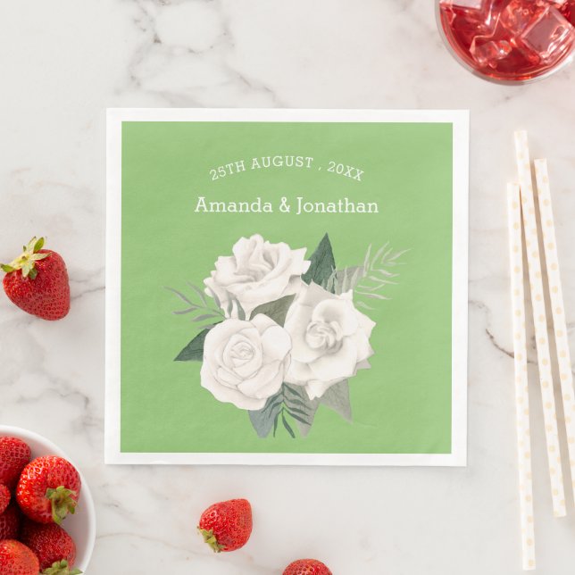 Elegant Pistachio Green and White Roses Wedding Paper Dinner Napkins (Insitu)