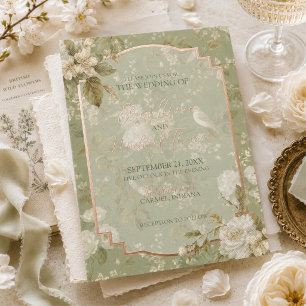 Elegant Pistachio Green Floral Bird Garden Wedding Foil Invitation