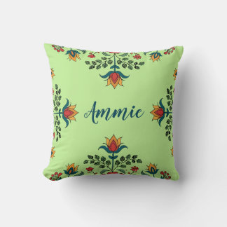 Elegant Pistachio Green Floral Custom Name Throw Pillow