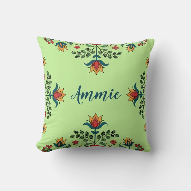 Elegant Pistachio Green Floral Custom Name  Throw Pillow (Front)