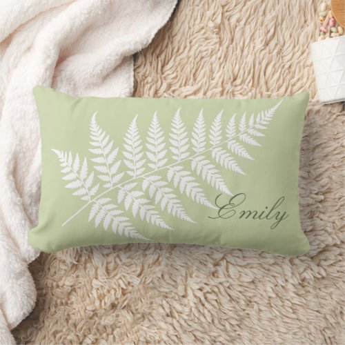 Elegant Pistachio Green White Fern Script Name Lumbar Pillow