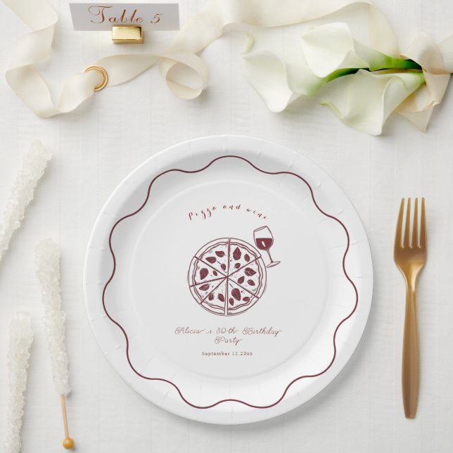 Elegant Pizza and wine birthday  Paper Plates (Wedding)