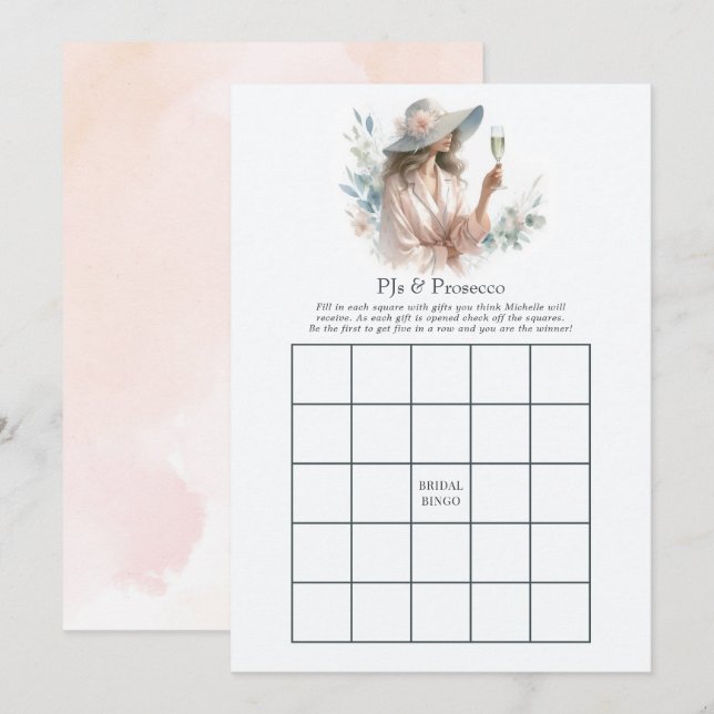 Elegant PJs & Prosecco Bridal Shower Bingo Game Invitation (Front/Back)