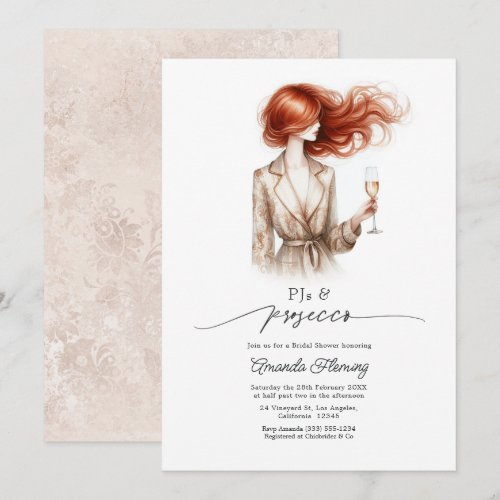 Elegant PJs & Prosecco Red Hair Bridal Shower Invitation