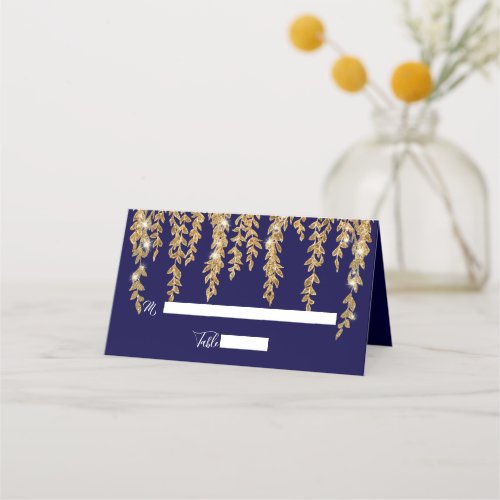 Elegant Place Card Twinkle Lights Gold Willow Leaf