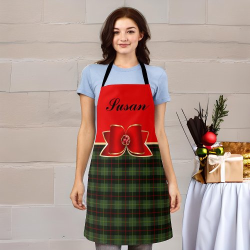 Elegant Plaid and Jeweled Bow with Name Apron