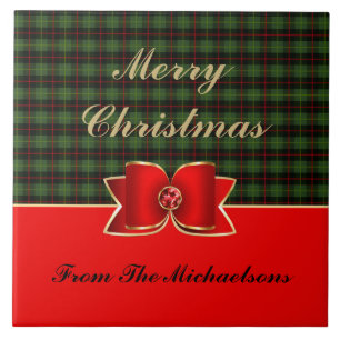 Elegant Plaid and Jeweled Bow with Name Ceramic Tile